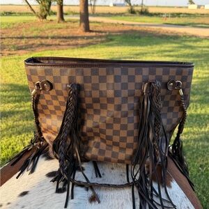 Brown Checkered Fringe Tote Bag